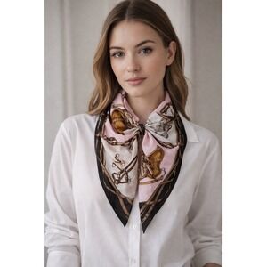 Ralph Lauren 1980s Silk Scarf Equestrian Pink Black Horse Bit Saddle‎ 34" X 34"